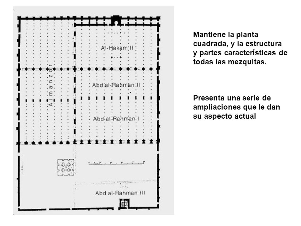 Mantiene la planta cuadrada, y la estructura y partes características de todas las mezquitas.