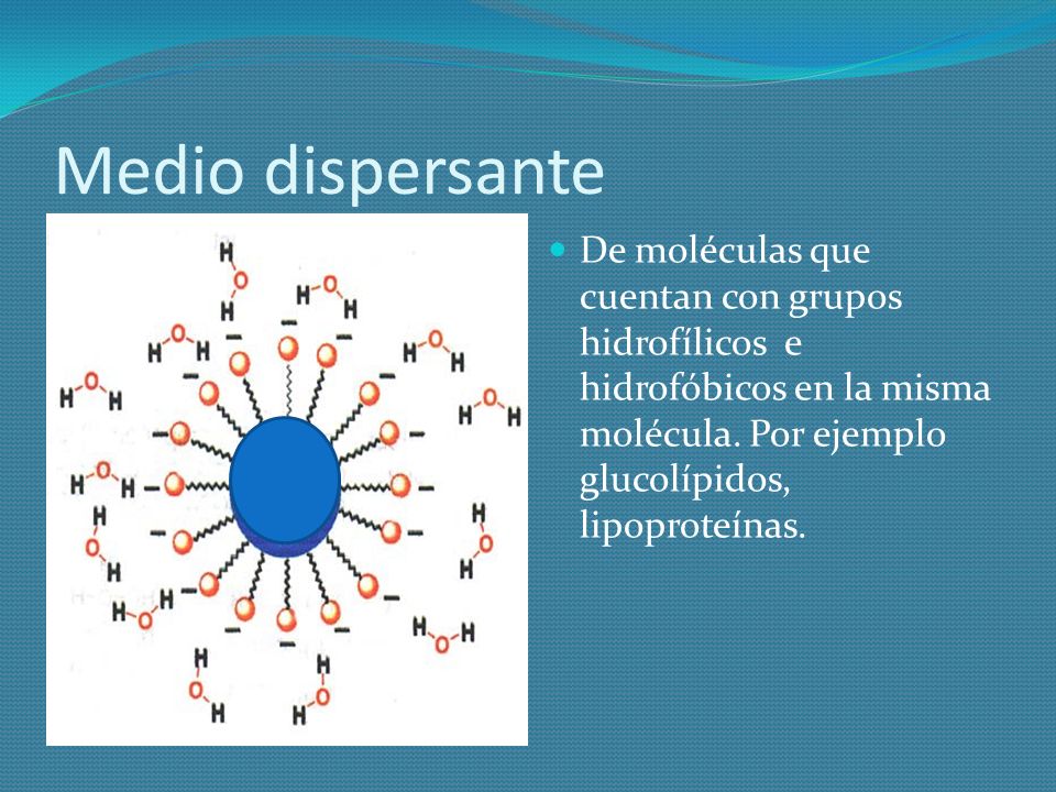 Medio dispersante De moléculas que cuentan con grupos hidrofílicos e hidrofóbicos en la misma molécula.