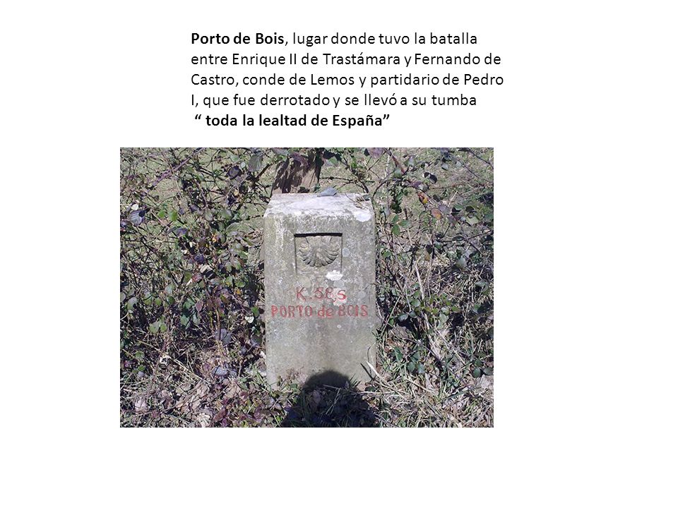 Porto de Bois, lugar donde tuvo la batalla entre Enrique II de Trastámara y Fernando de Castro, conde de Lemos y partidario de Pedro I, que fue derrotado y se llevó a su tumba
