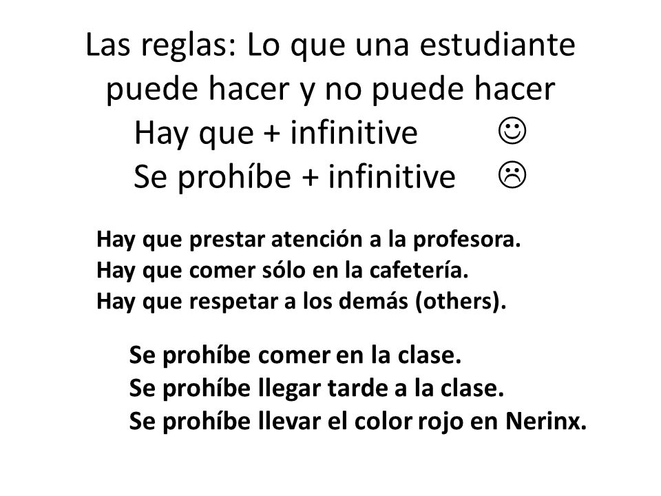 Las reglas: Lo que una estudiante puede hacer y no puede hacer Hay que + infinitive  Se prohíbe + infinitive 