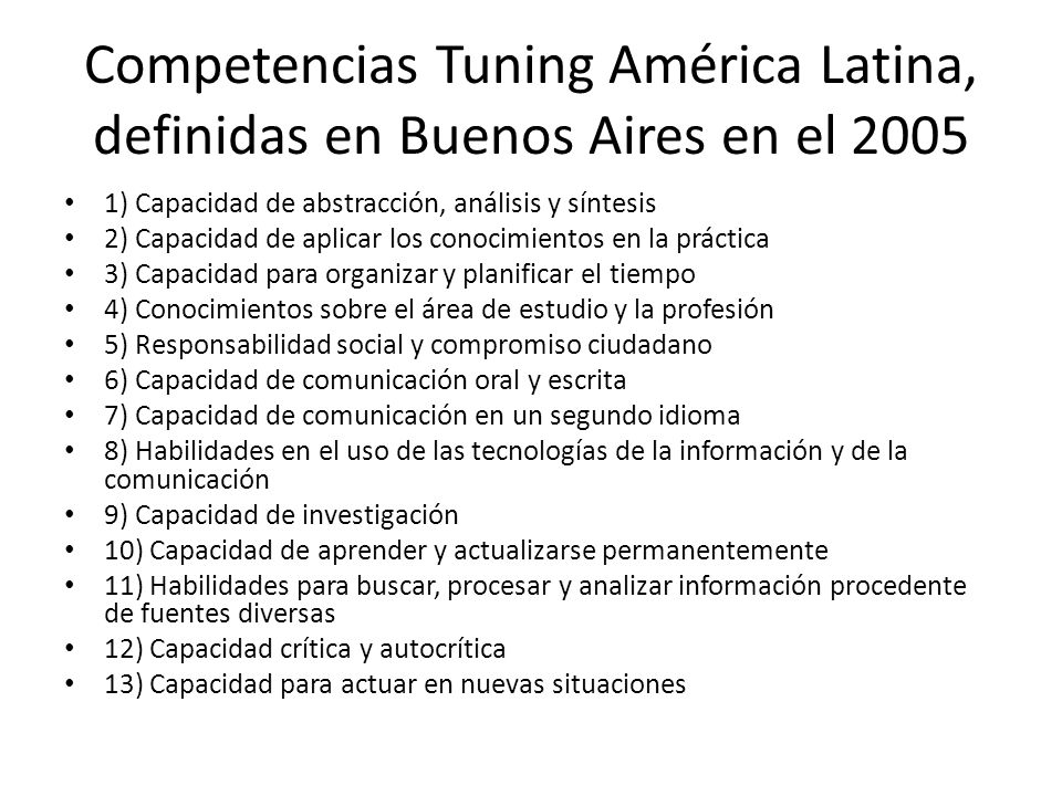 Competencias Tuning América Latina, definidas en Buenos Aires en el 2005