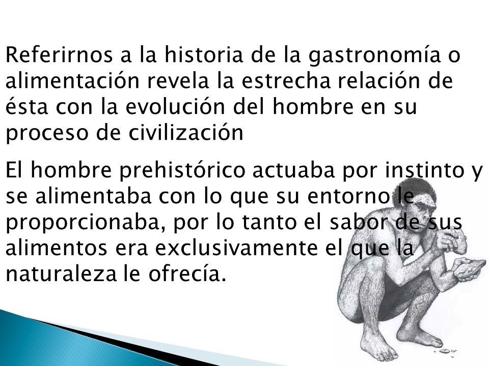 Referirnos a la historia de la gastronomía o alimentación revela la estrecha relación de ésta con la evolución del hombre en su proceso de civilización