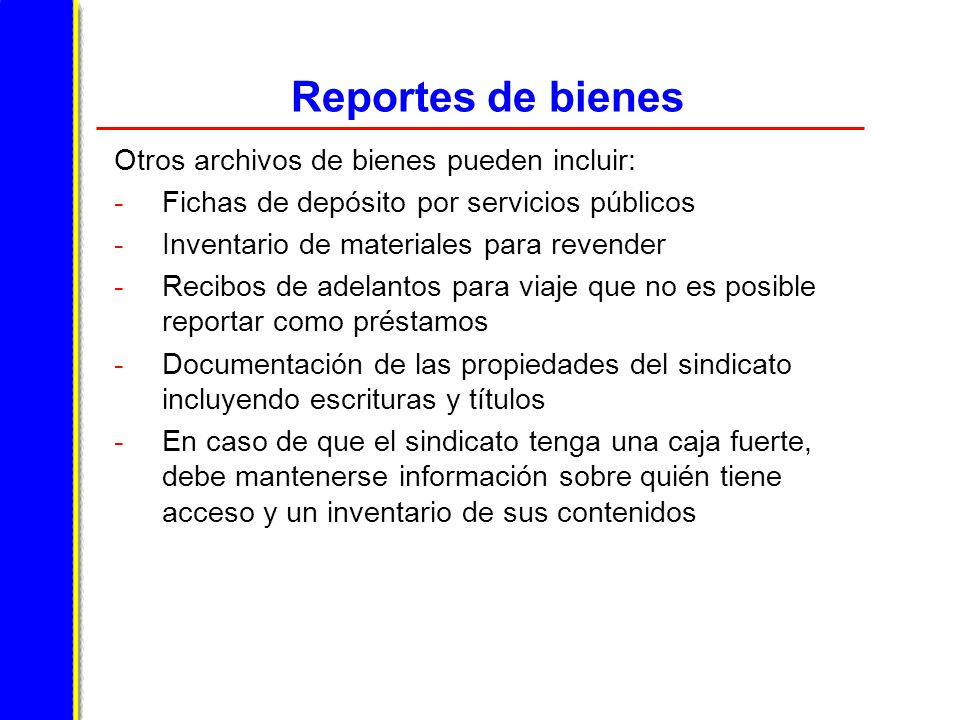 Reportes de bienes Otros archivos de bienes pueden incluir: