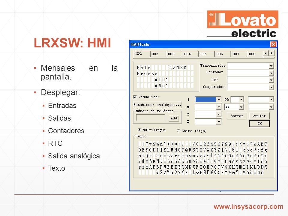 LRXSW: HMI Mensajes en la pantalla. Desplegar: Entradas Salidas