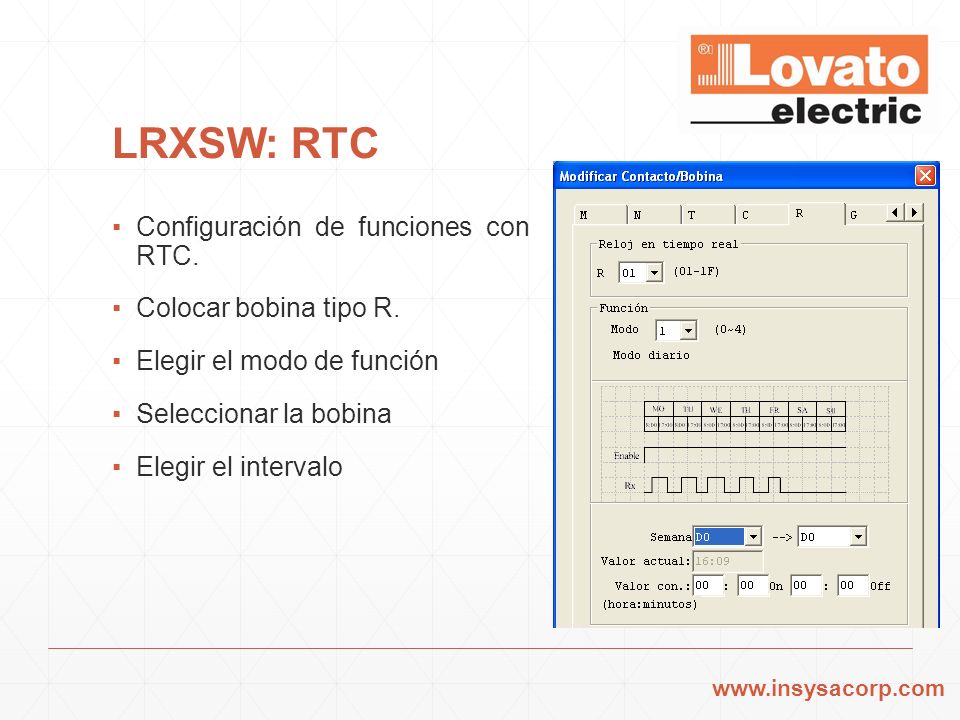LRXSW: RTC Configuración de funciones con RTC. Colocar bobina tipo R.