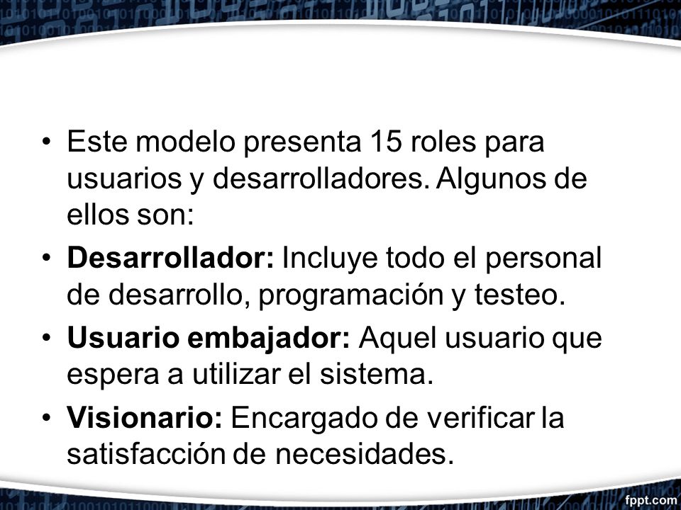 Este modelo presenta 15 roles para usuarios y desarrolladores