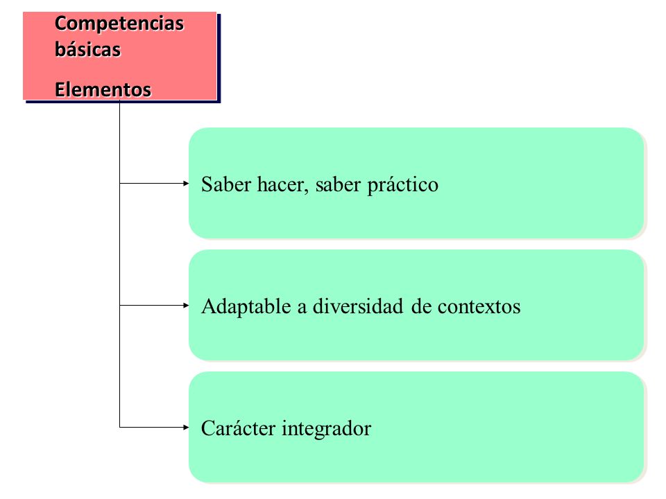 Competencias básicas Elementos. Saber hacer, saber práctico. Adaptable a diversidad de contextos.