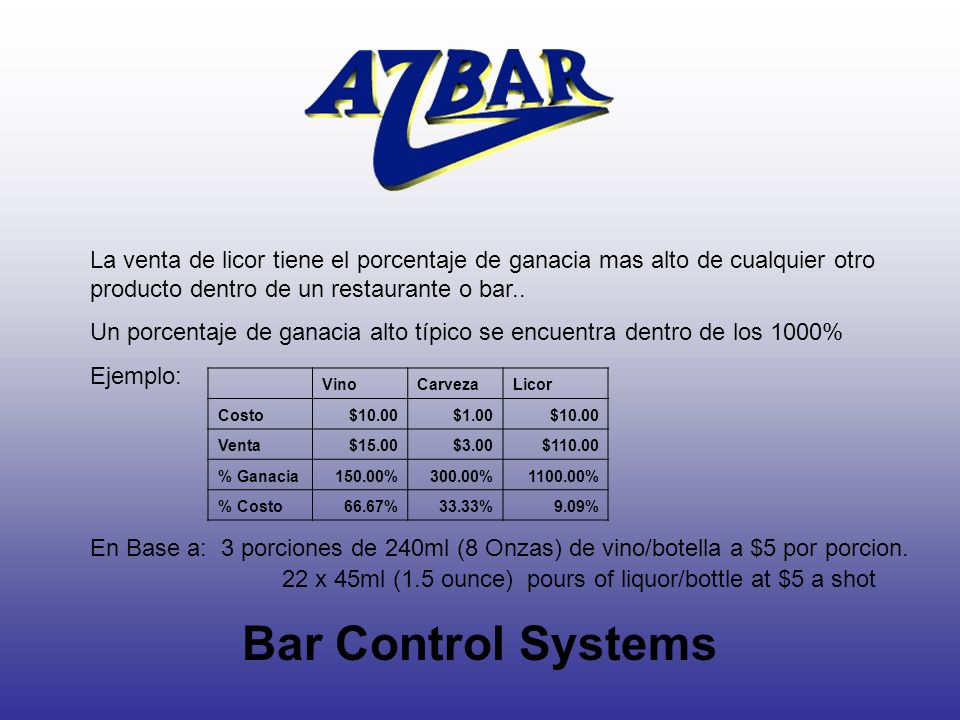 La venta de licor tiene el porcentaje de ganacia mas alto de cualquier otro producto dentro de un restaurante o bar..