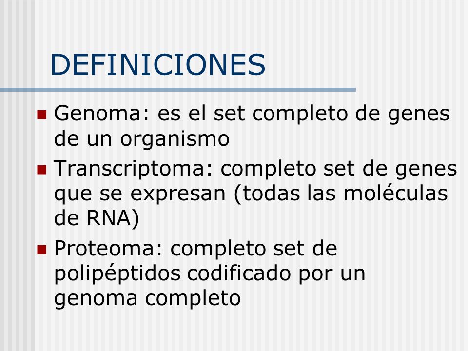 DEFINICIONES Genoma: es el set completo de genes de un organismo