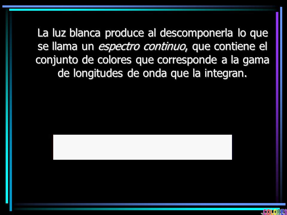 La luz blanca produce al descomponerla lo que se llama un espectro continuo, que contiene el conjunto de colores que corresponde a la gama de longitudes de onda que la integran.