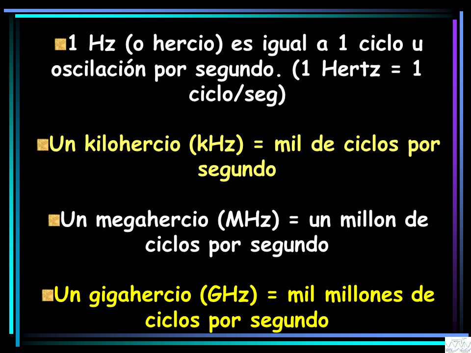 Un kilohercio (kHz) = mil de ciclos por segundo