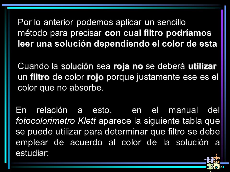 Por lo anterior podemos aplicar un sencillo método para precisar con cual filtro podríamos leer una solución dependiendo el color de esta