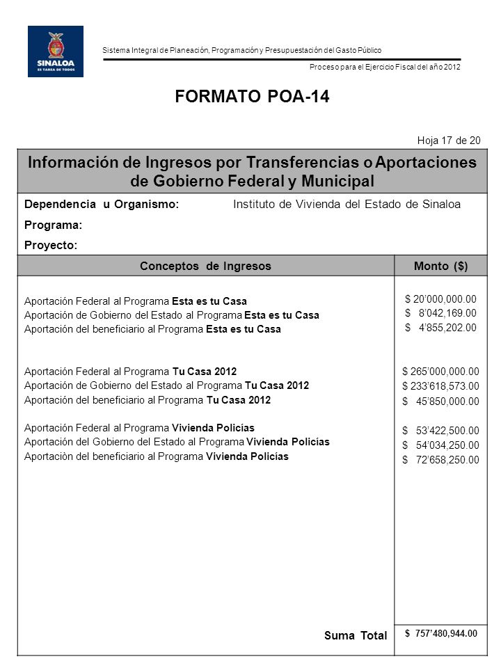 FORMATO POA-14 Hoja 17 de 20. Información de Ingresos por Transferencias o Aportaciones de Gobierno Federal y Municipal.