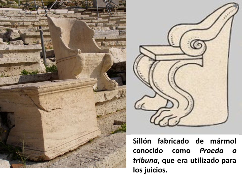 Sillón fabricado de mármol conocido como Proeda o tribuna, que era utilizado para los juicios.