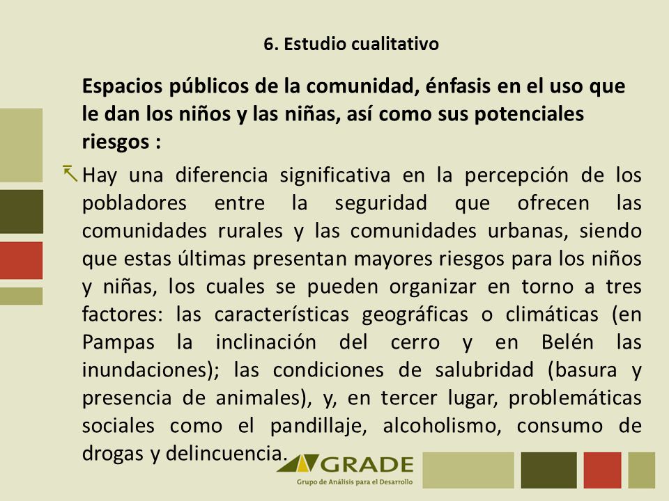 6. Estudio cualitativo Espacios públicos de la comunidad, énfasis en el uso que le dan los niños y las niñas, así como sus potenciales riesgos :