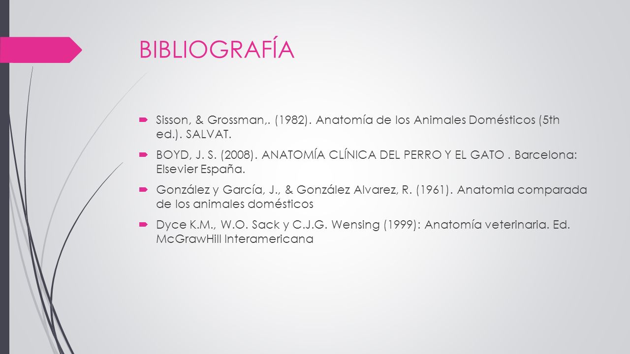 BIBLIOGRAFÍA Sisson, & Grossman,. (1982). Anatomía de los Animales Domésticos (5th ed.). SALVAT.