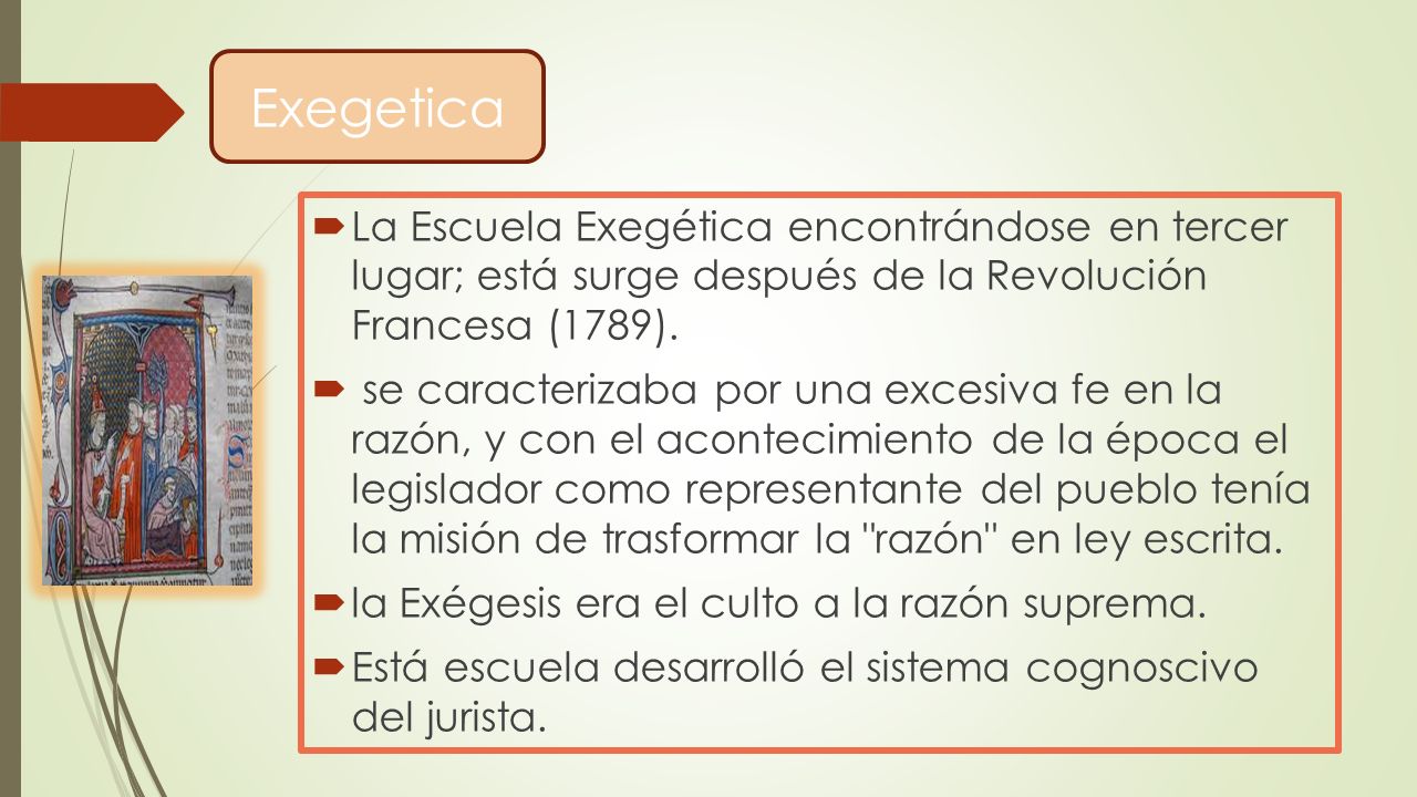 Exegetica La Escuela Exegética encontrándose en tercer lugar; está surge después de la Revolución Francesa (1789).