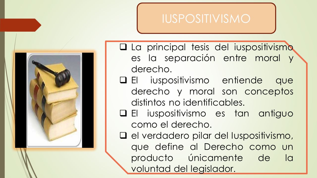 IUSPOSITIVISMO La principal tesis del iuspositivismo es la separación entre moral y derecho.