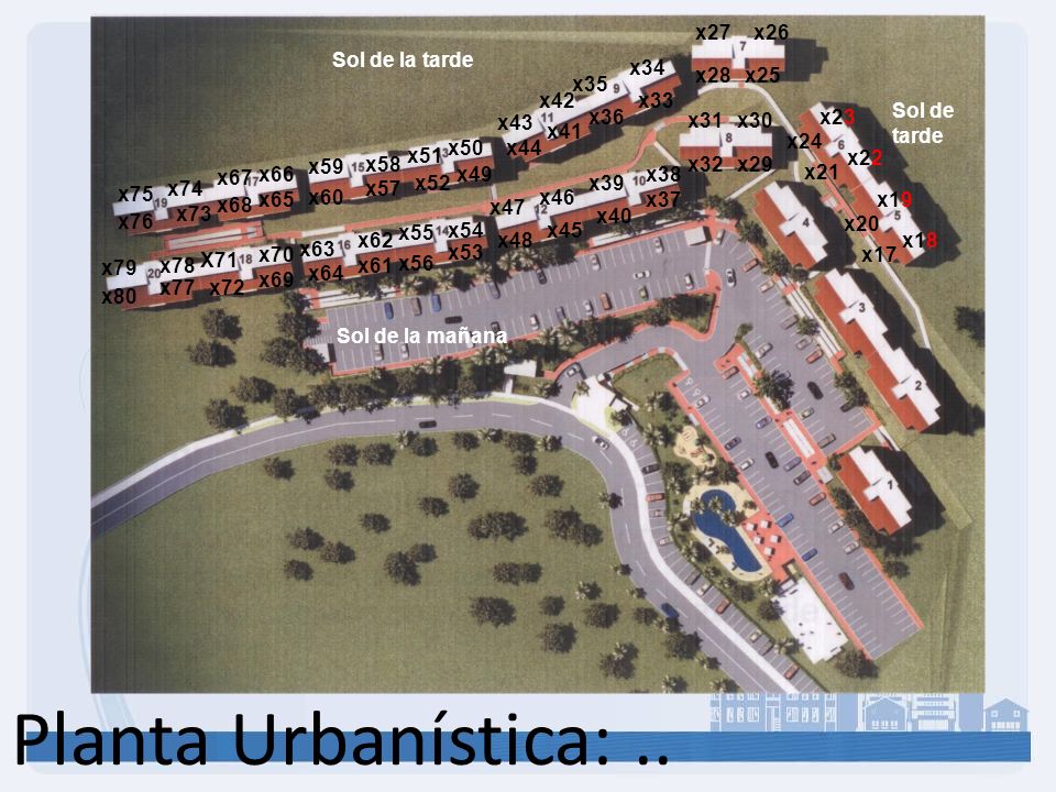 Planta Urbanística: .. x27 x26 Sol de la tarde x34 x28 x25 x35 x42 x33
