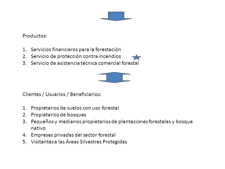 Productos: Servicios financieros para la forestación. Servicio de protección contra incendios. Servicio de asistencia técnica comercial forestal.