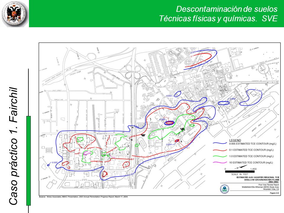 Mapa de la zona más contaminada con las isolíneas de las concentraciones de TCE (tricloroetileno) en en acuífero superficial.