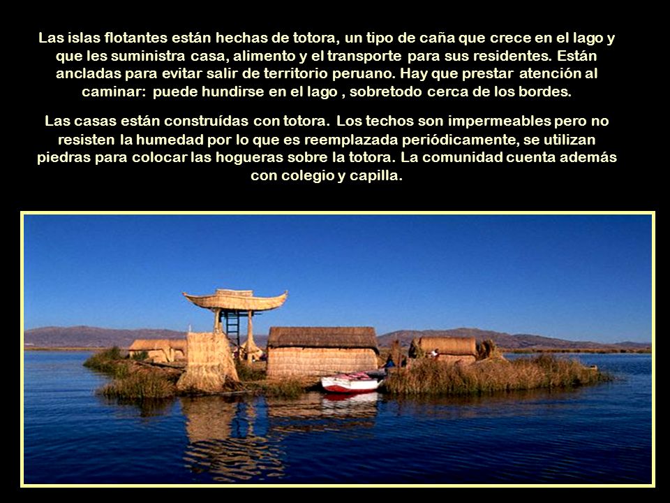Las islas flotantes están hechas de totora, un tipo de caña que crece en el lago y que les suministra casa, alimento y el transporte para sus residentes. Están ancladas para evitar salir de territorio peruano. Hay que prestar atención al caminar: puede hundirse en el lago , sobretodo cerca de los bordes.
