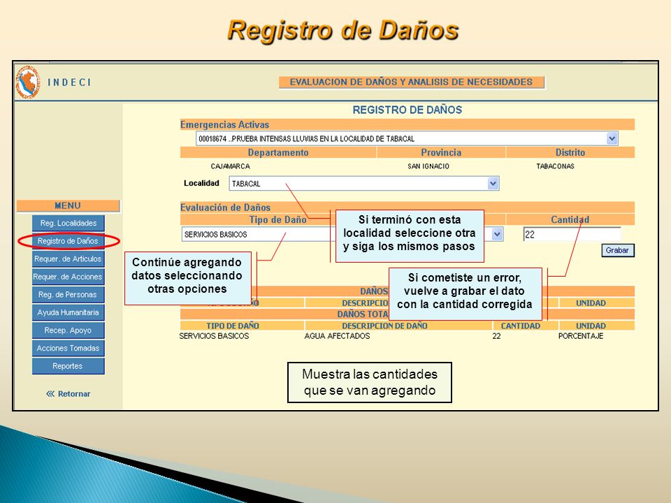 Registro de Daños Muestra las cantidades que se van agregando