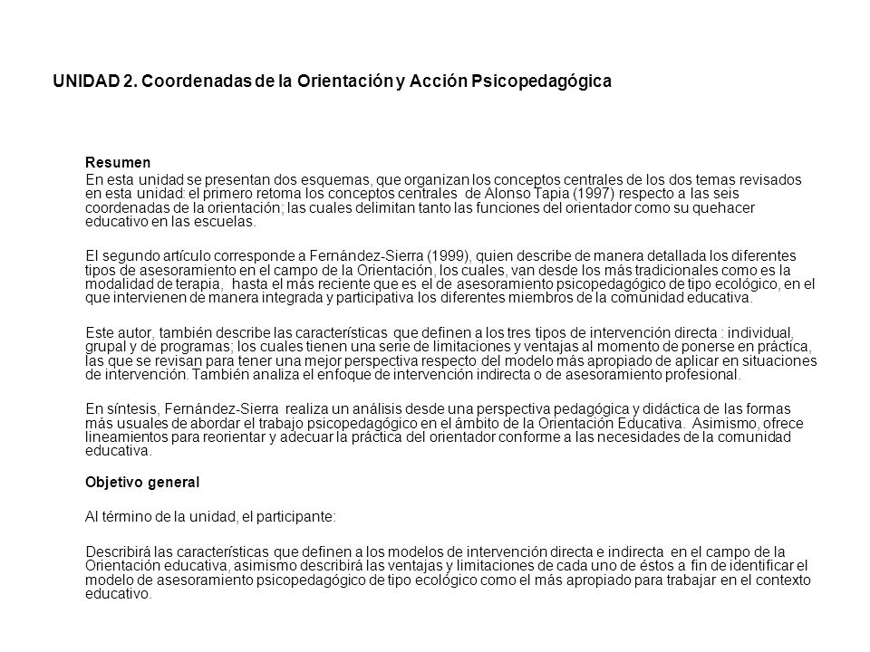 UNIDAD 2. Coordenadas de la Orientación y Acción Psicopedagógica