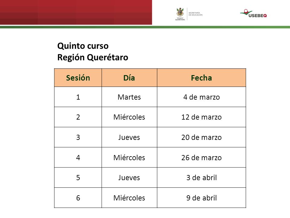 Quinto curso Región Querétaro Sesión Día Fecha 1 Martes 4 de marzo 2