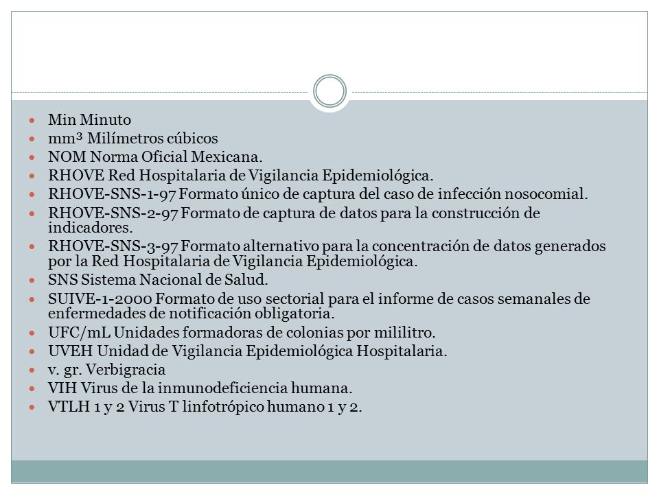 Min Minuto mm³ Milímetros cúbicos. NOM Norma Oficial Mexicana. RHOVE Red Hospitalaria de Vigilancia Epidemiológica.