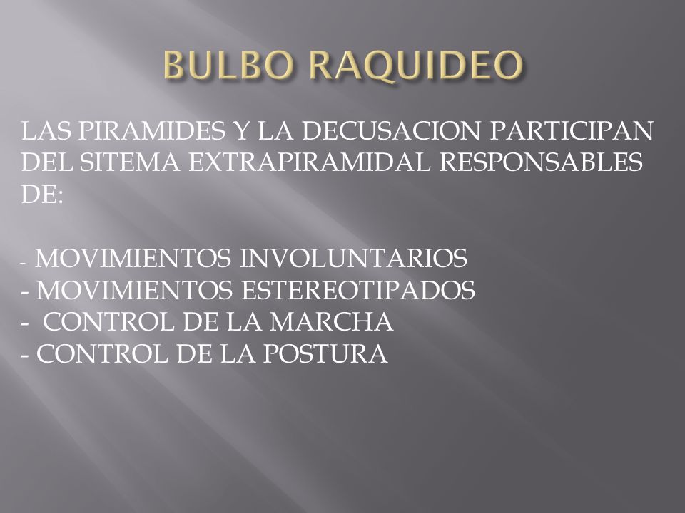 BULBO RAQUIDEO LAS PIRAMIDES Y LA DECUSACION PARTICIPAN DEL SITEMA EXTRAPIRAMIDAL RESPONSABLES DE: - MOVIMIENTOS INVOLUNTARIOS.
