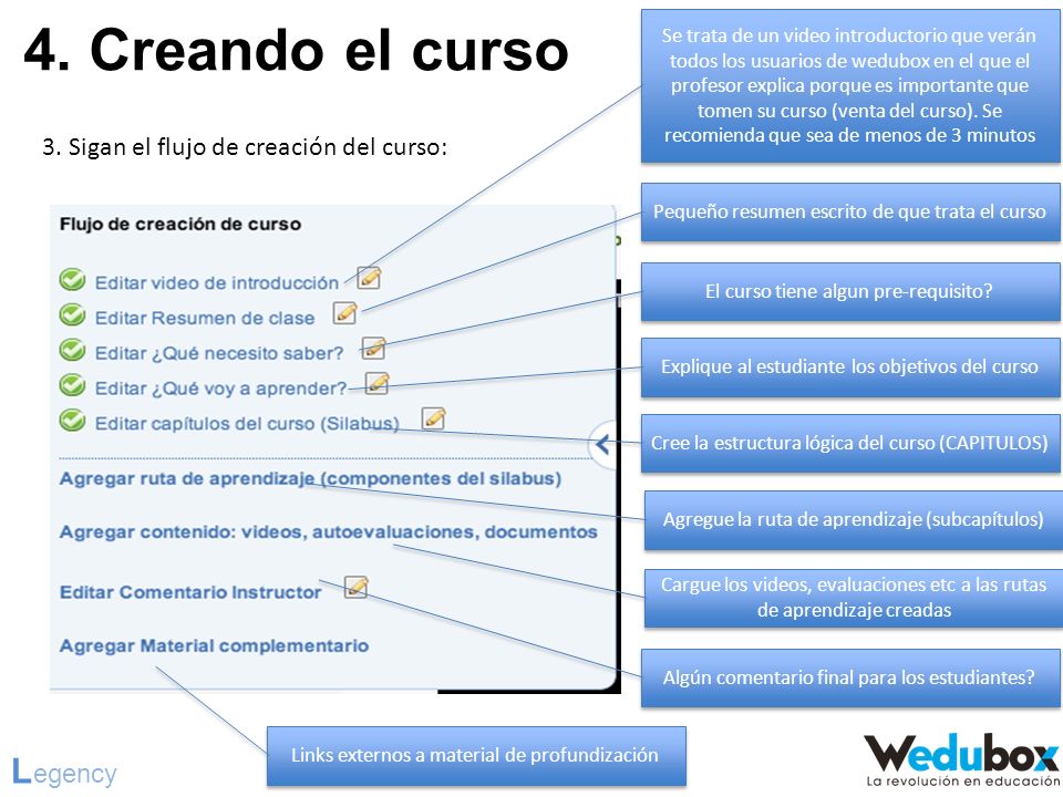 4. Creando el curso Legency 3. Sigan el flujo de creación del curso: