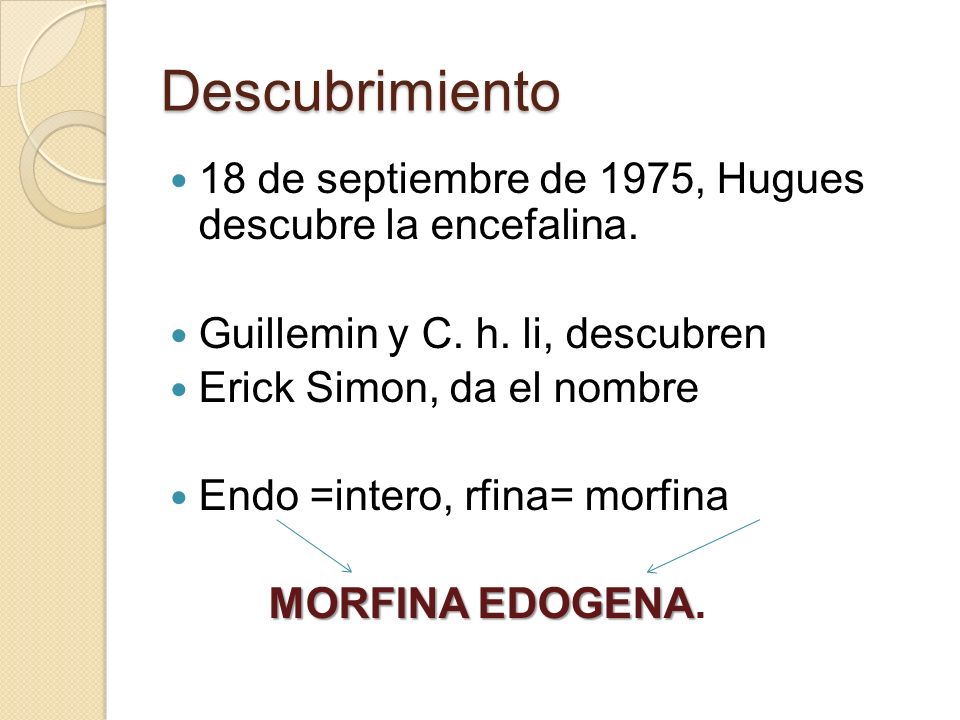 Descubrimiento 18 de septiembre de 1975, Hugues descubre la encefalina. Guillemin y C. h. li, descubren.