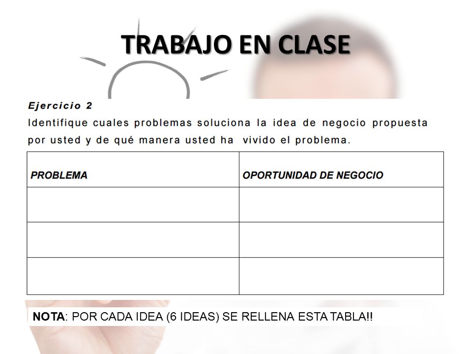 TRABAJO EN CLASE NOTA: POR CADA IDEA (6 IDEAS) SE RELLENA ESTA TABLA!!