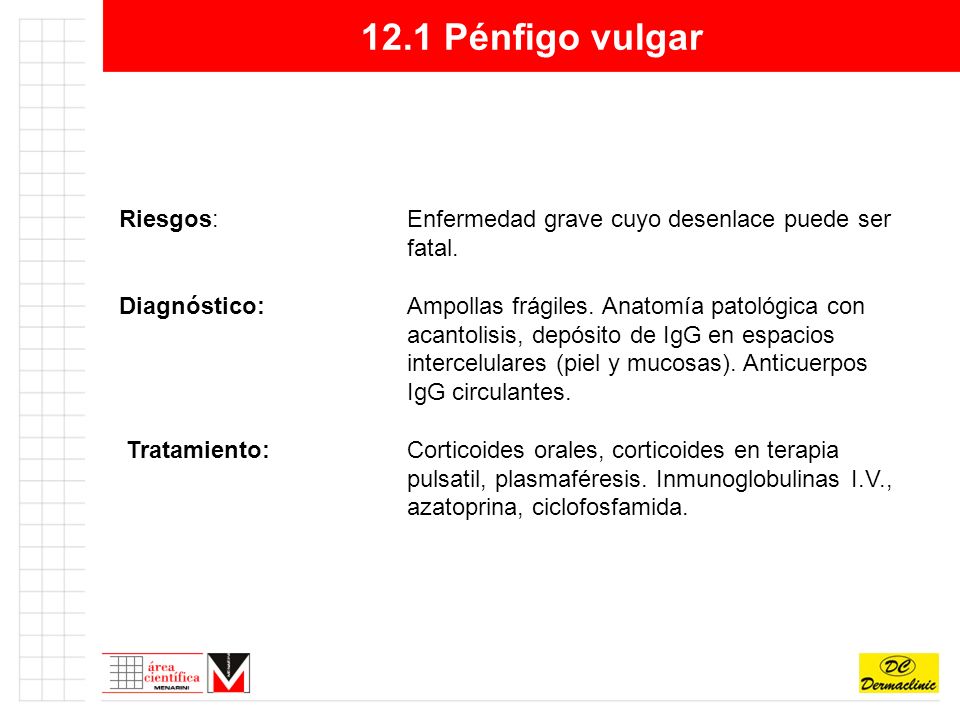 12.1 Pénfigo vulgar Riesgos: Enfermedad grave cuyo desenlace puede ser fatal.