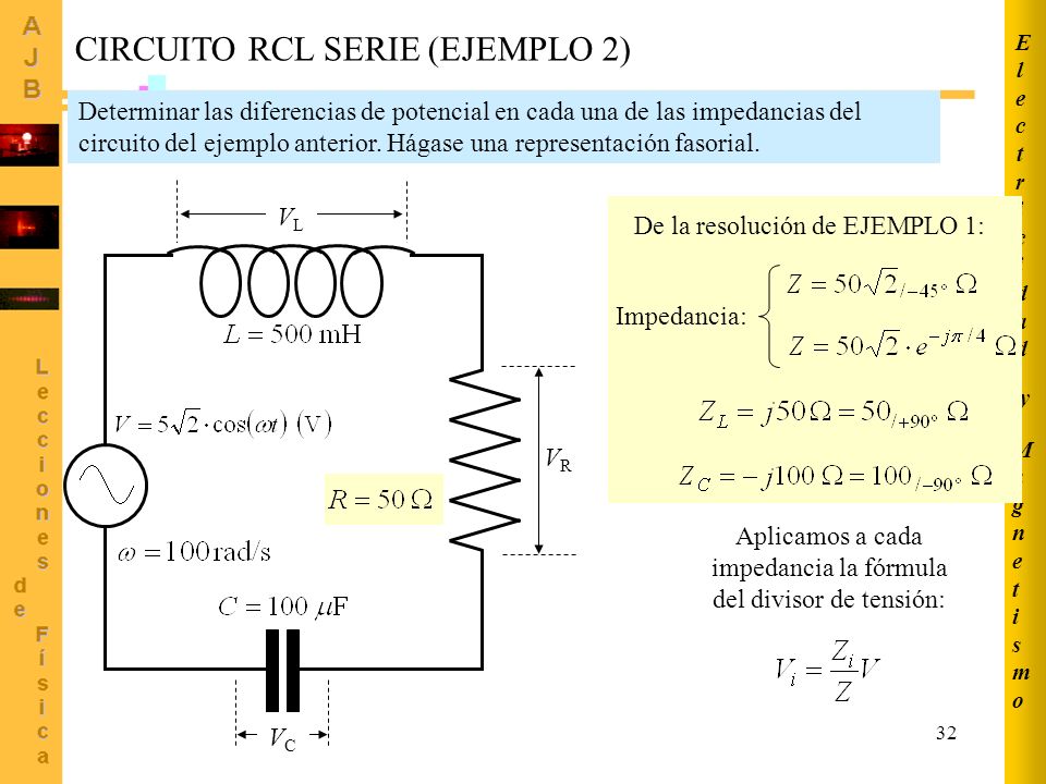 Aplicamos a cada impedancia la fórmula del divisor de tensión:
