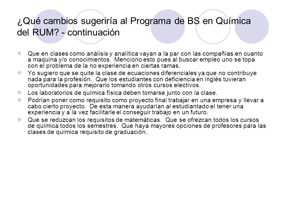 ¿Qué cambios sugeriría al Programa de BS en Química del RUM