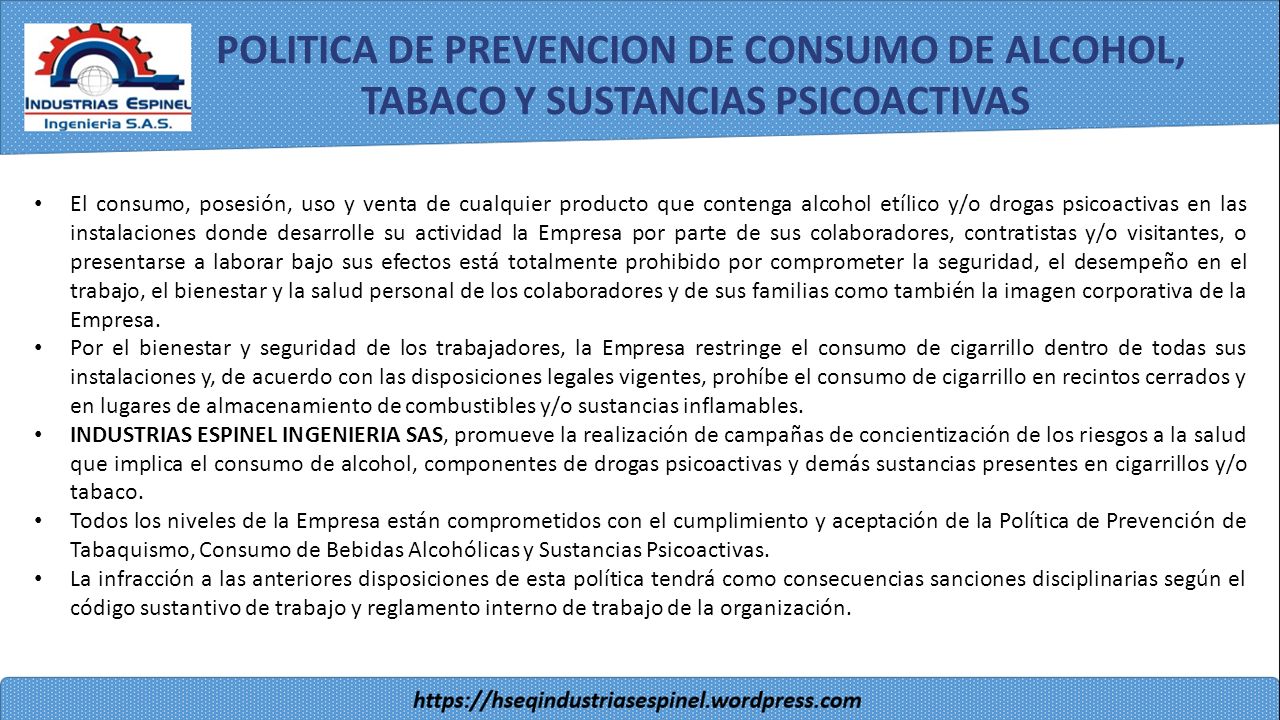 POLITICA DE PREVENCION DE CONSUMO DE ALCOHOL, TABACO Y SUSTANCIAS PSICOACTIVAS