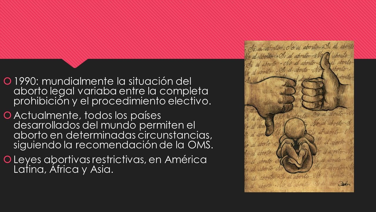 1990: mundialmente la situación del aborto legal variaba entre la completa prohibición y el procedimiento electivo.