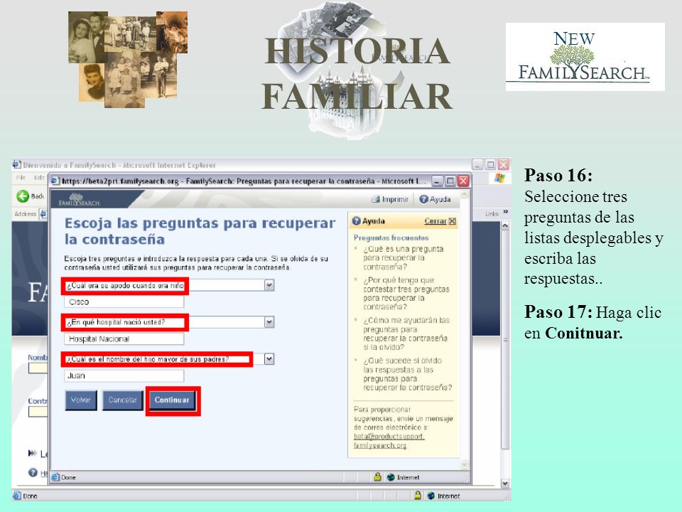Paso 16: Seleccione tres preguntas de las listas desplegables y escriba las respuestas..