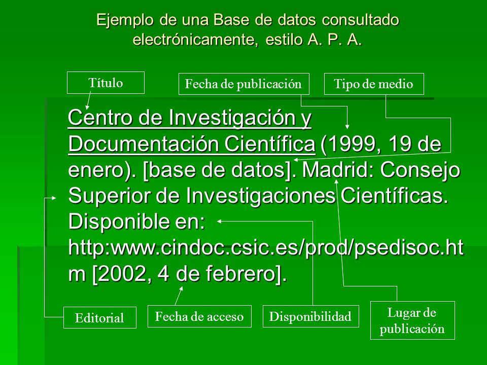 Ejemplo de una Base de datos consultado electrónicamente, estilo A. P