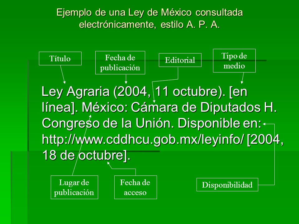 Ejemplo de una Ley de México consultada electrónicamente, estilo A. P