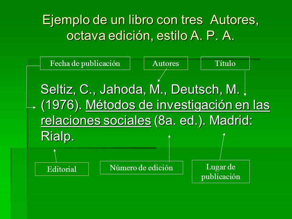 Ejemplo de un libro con tres Autores, octava edición, estilo A. P. A.