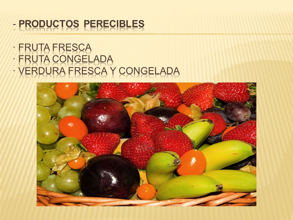 - PRODUCTOS PERECIBLES · Fruta Fresca · Fruta Congelada · Verdura fresca y Congelada