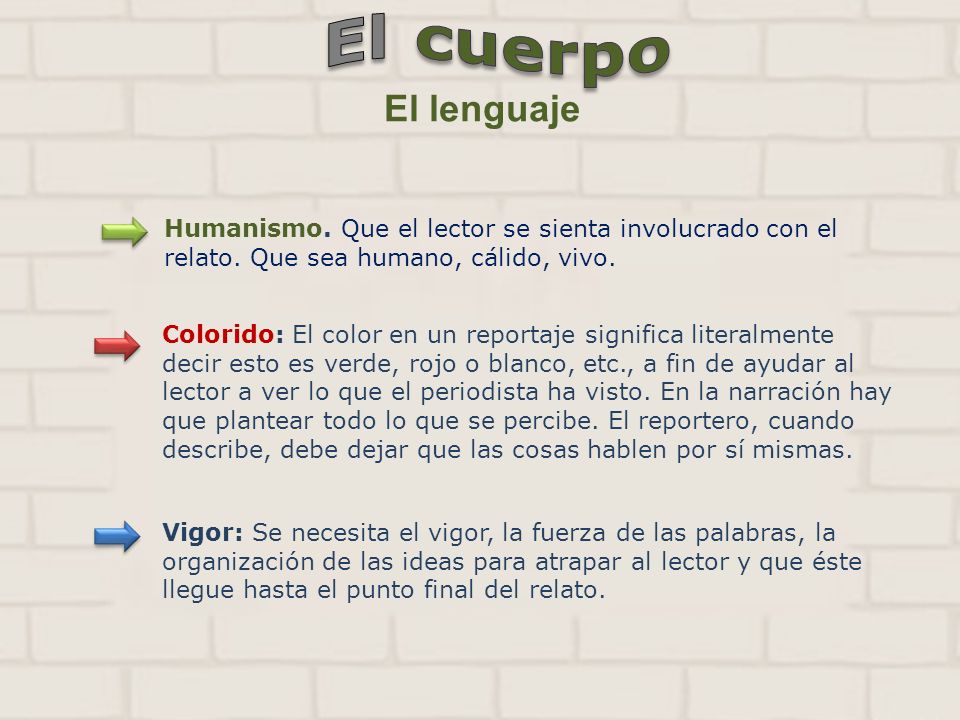 El cuerpo El lenguaje. Humanismo. Que el lector se sienta involucrado con el relato. Que sea humano, cálido, vivo.
