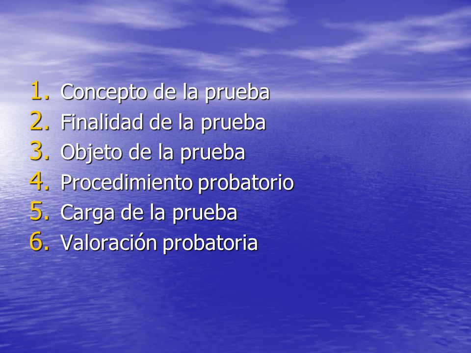 Concepto de la prueba Finalidad de la prueba. Objeto de la prueba. Procedimiento probatorio. Carga de la prueba.