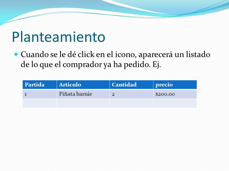 Planteamiento Cuando se le dé click en el icono, aparecerá un listado de lo que el comprador ya ha pedido. Ej.