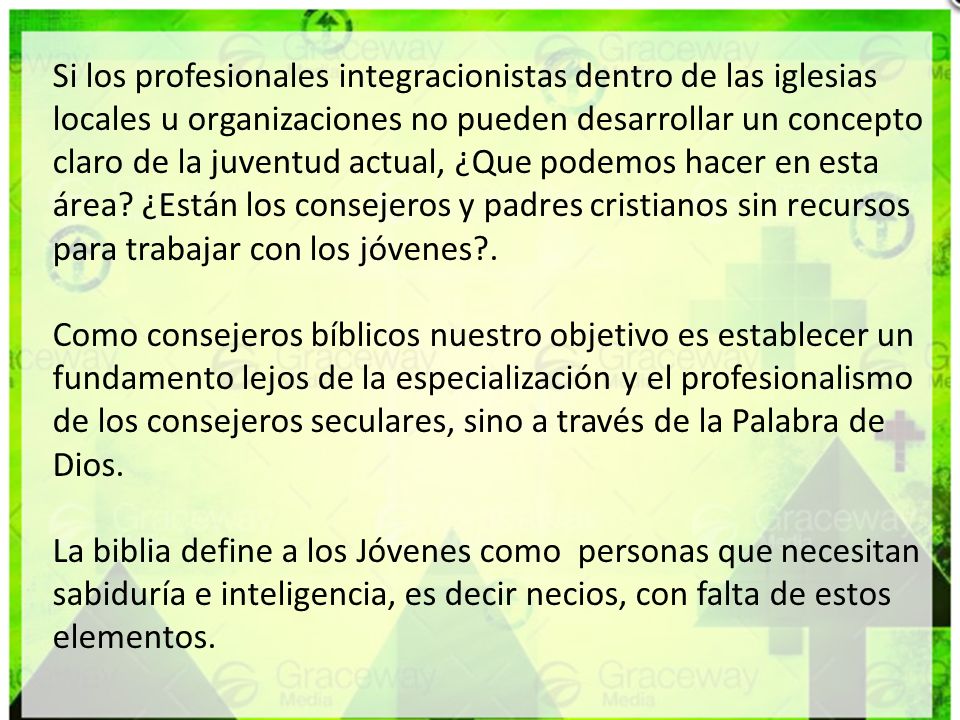 Si los profesionales integracionistas dentro de las iglesias locales u organizaciones no pueden desarrollar un concepto claro de la juventud actual, ¿Que podemos hacer en esta área ¿Están los consejeros y padres cristianos sin recursos para trabajar con los jóvenes .