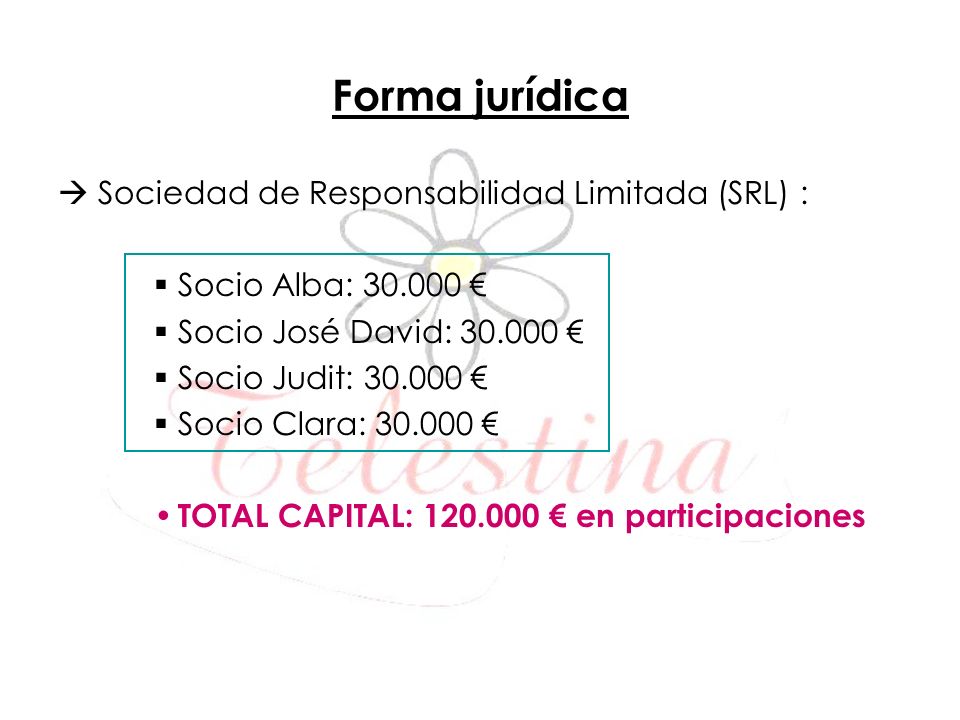 Forma jurídica  Sociedad de Responsabilidad Limitada (SRL) :