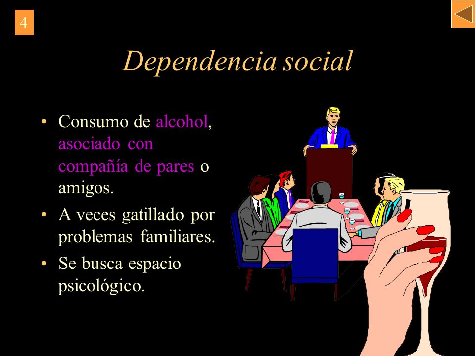 4 Dependencia social. Consumo de alcohol, asociado con compañía de pares o amigos. A veces gatillado por problemas familiares.